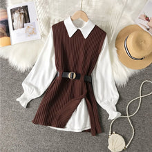 Load image into Gallery viewer, Long lantern sleeve shirt women knitted vest 2 two piece set 2021 spring autumn womens Shirts sets Sleeveless Sweater tops