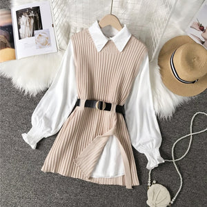 Long lantern sleeve shirt women knitted vest 2 two piece set 2021 spring autumn womens Shirts sets Sleeveless Sweater tops