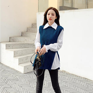 Long lantern sleeve shirt women knitted vest 2 two piece set 2021 spring autumn womens Shirts sets Sleeveless Sweater tops