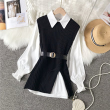 Load image into Gallery viewer, Long lantern sleeve shirt women knitted vest 2 two piece set 2021 spring autumn womens Shirts sets Sleeveless Sweater tops