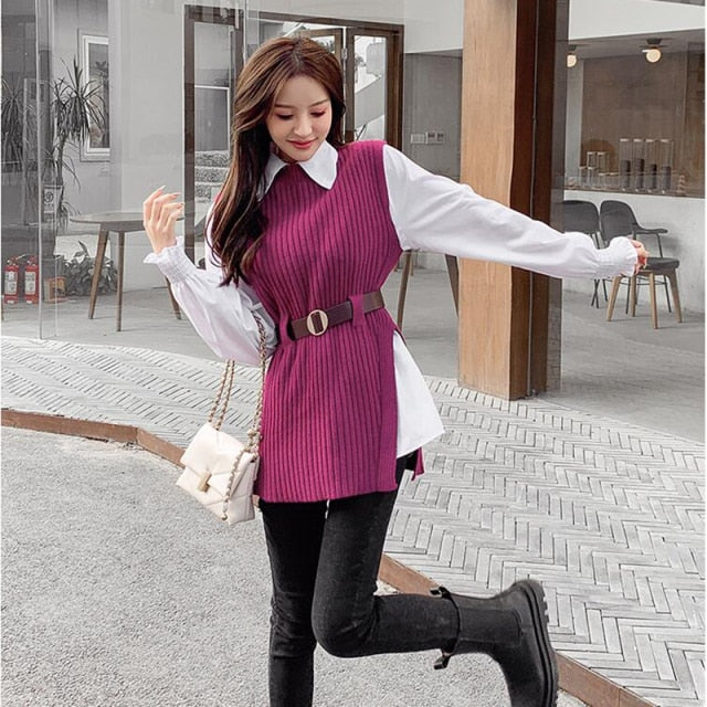 Long lantern sleeve shirt women knitted vest 2 two piece set 2021 spring autumn womens Shirts sets Sleeveless Sweater tops