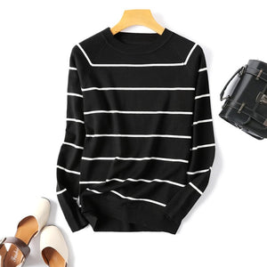 2021 Autumn Winter Long Sleeve Striped Pullover Women Sweater Knitted Sweaters O-Neck Tops Korean Pull Femme Jumper Female White