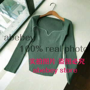 2021 new spring and summer fashion women clothes sqaure collar full sleeves elastic high waist sexy pullover WK080