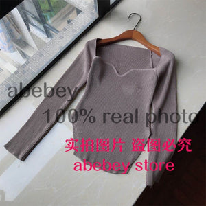 2021 new spring and summer fashion women clothes sqaure collar full sleeves elastic high waist sexy pullover WK080