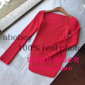 2021 new spring and summer fashion women clothes sqaure collar full sleeves elastic high waist sexy pullover WK080