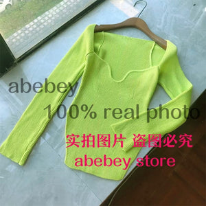 2021 new spring and summer fashion women clothes sqaure collar full sleeves elastic high waist sexy pullover WK080