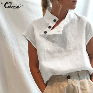 Celmia Stylish Women Shirts 2021 Summer Cotton Linen Oversized Blouses Short Sleeve Blusas Casual Loose Camisas Solid Tunic Top