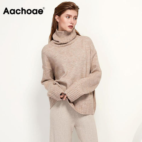 Aachoae Autumn Winter Women Knitted Turtleneck Wool Sweaters 2021 Casual Basic Pullover Jumper Batwing Long Sleeve Loose Tops